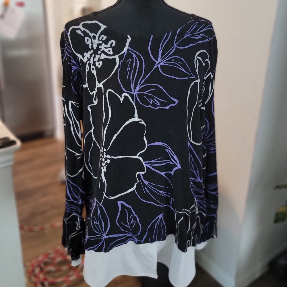 Chicos Floral Layered Look Sweater Black Purple White Mixed Media Shirt Hem 2